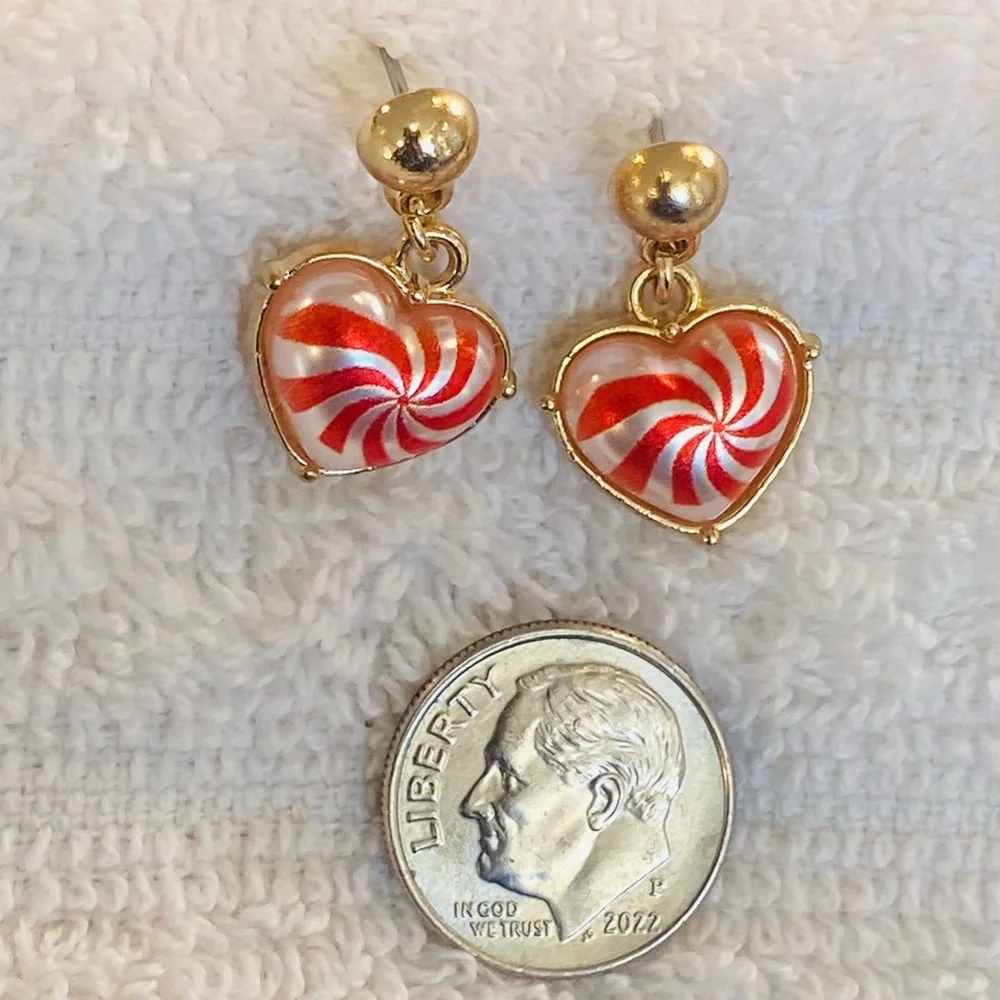 Hypoallergenic Gold Tone Candy Cane Swirl Heart Earrings Dainty Earrings